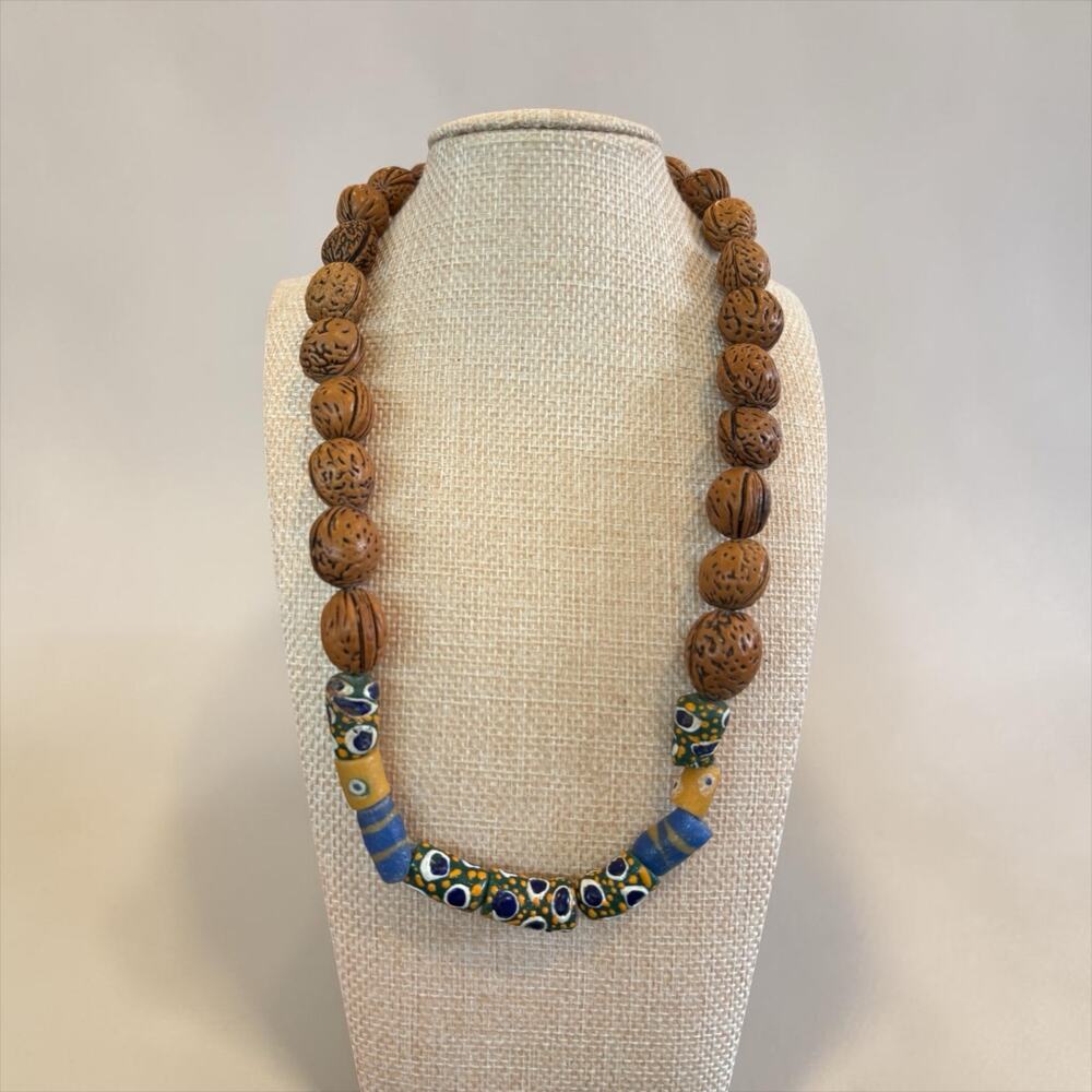 Boho Tribal Statement Necklace Walnut Beads Blue Ceramic Festival Artwear